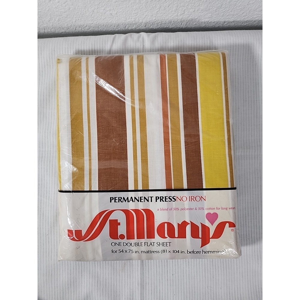 Vtg ST. MARY'S Double Flat Bed Sheet Campus Stripe Yellow Brown Orange 81x104